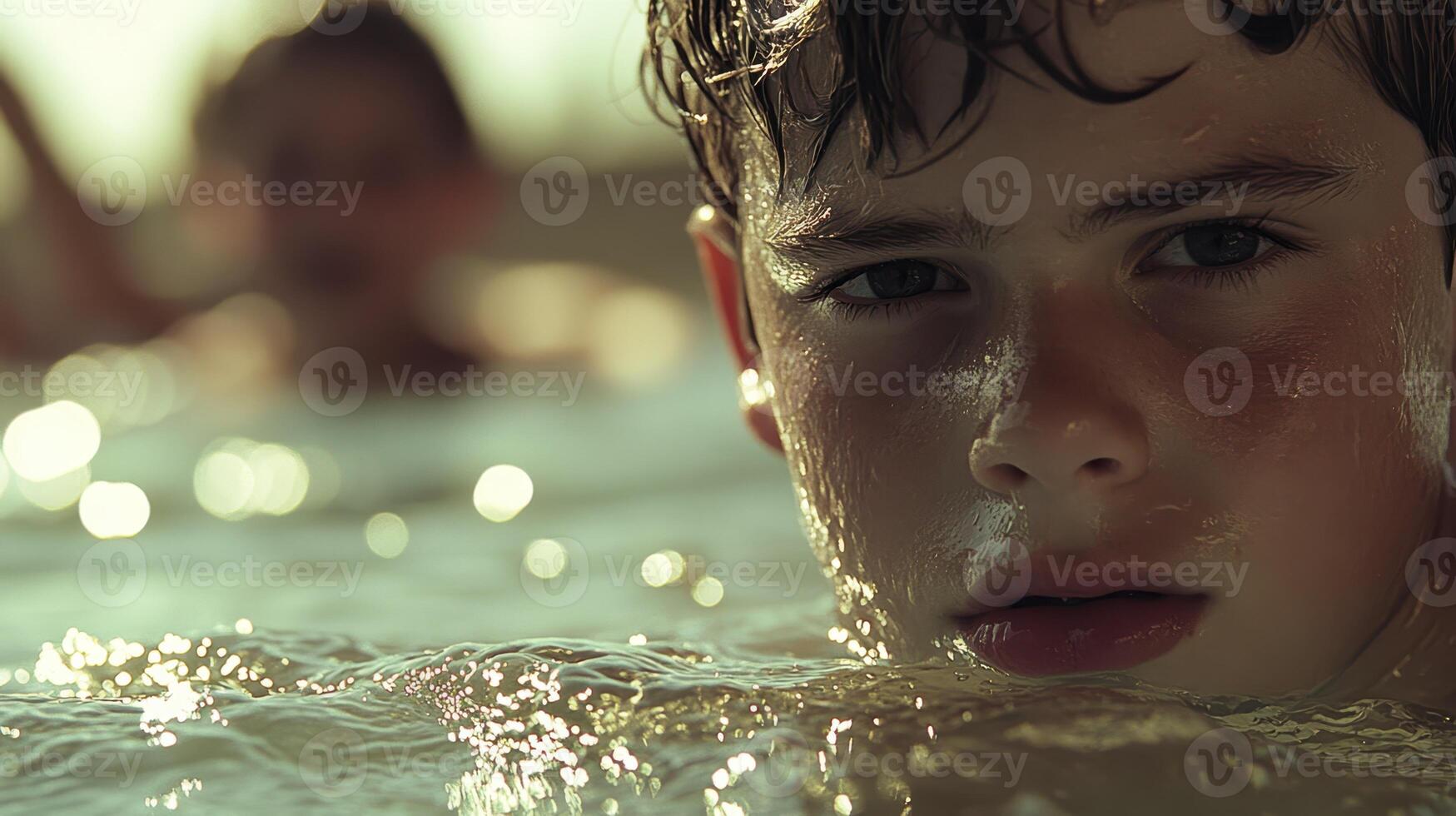 Boy Swims Summer Water. Kid Dips in Cool Waves on Hot Day, Fresh, Holiday, Vacation photo
