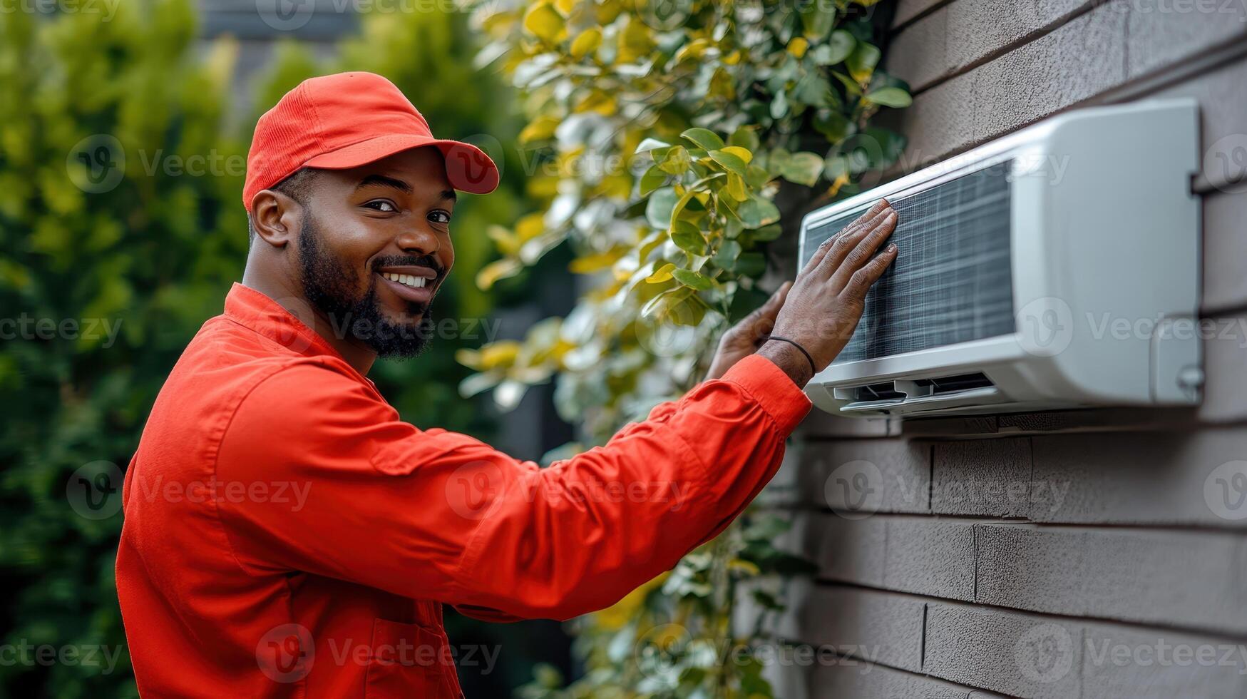 Smiling Technician Inspecting Air Conditioner, HVAC Maintenance and Repair Service photo