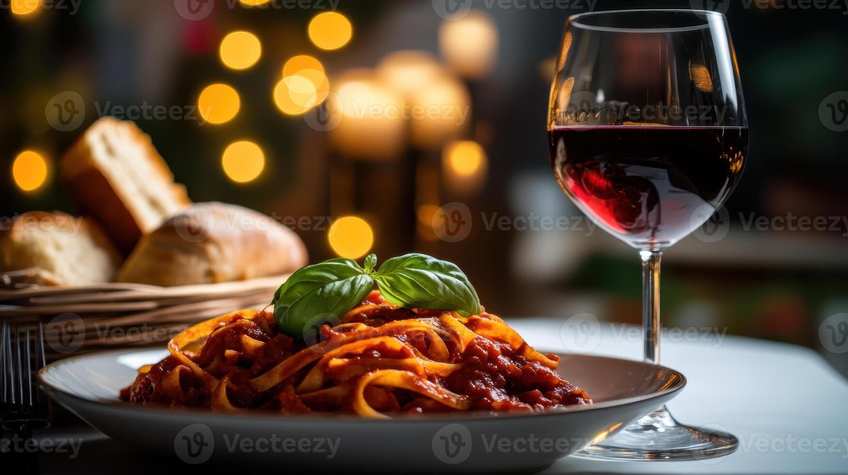 Delicious Pasta Dish with Fresh Basil and Glass of Red Wine, Culinary Feast photo