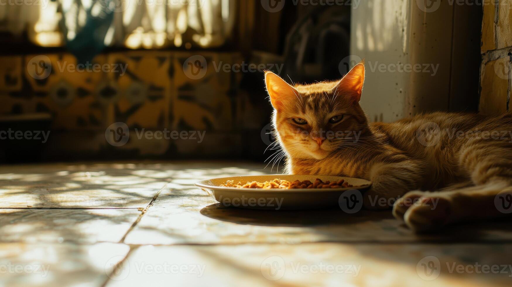 Orange Cat with Food Resting in Sunlight. Feline Enjoying Golden Hour Indoors photo