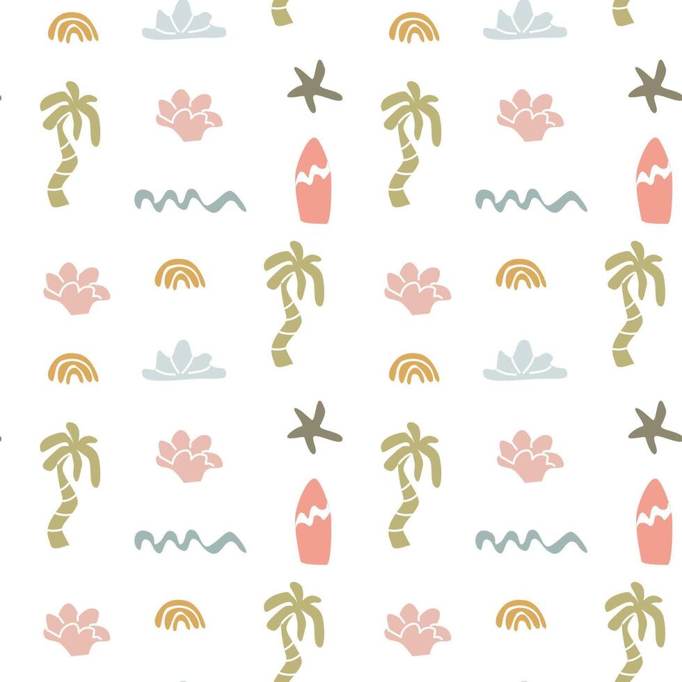 Boho summer pattern with palm trees, surfboards, and waves for creative design vector