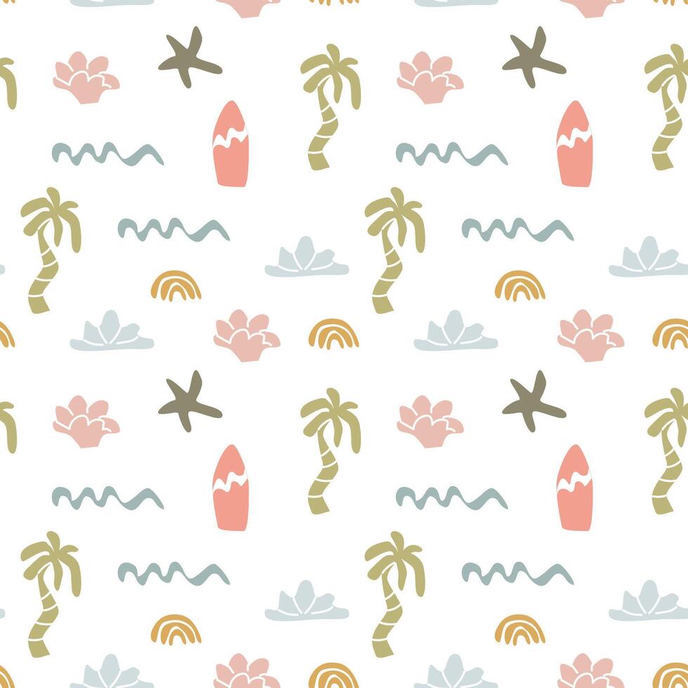 Boho summer elements pattern with palm trees, surfboards, and waves for design projects vector