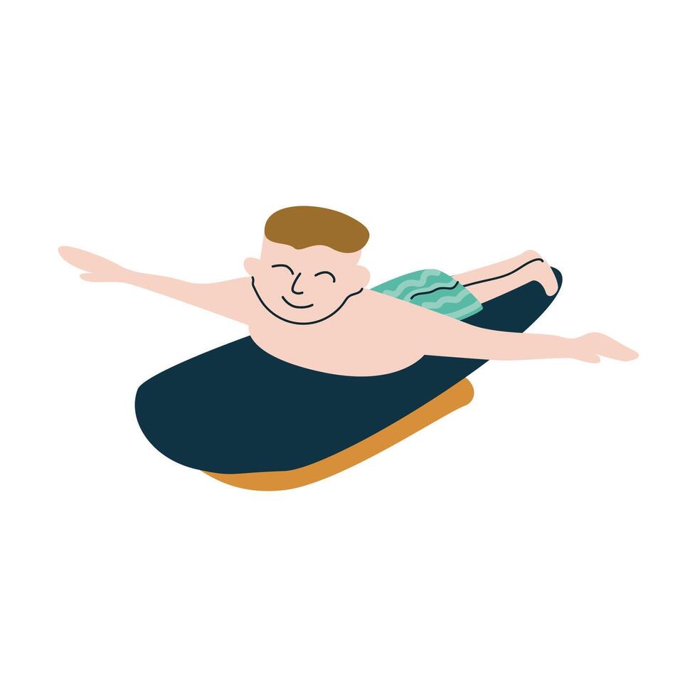 Boy surfing on bodyboard cartoon illustration vector