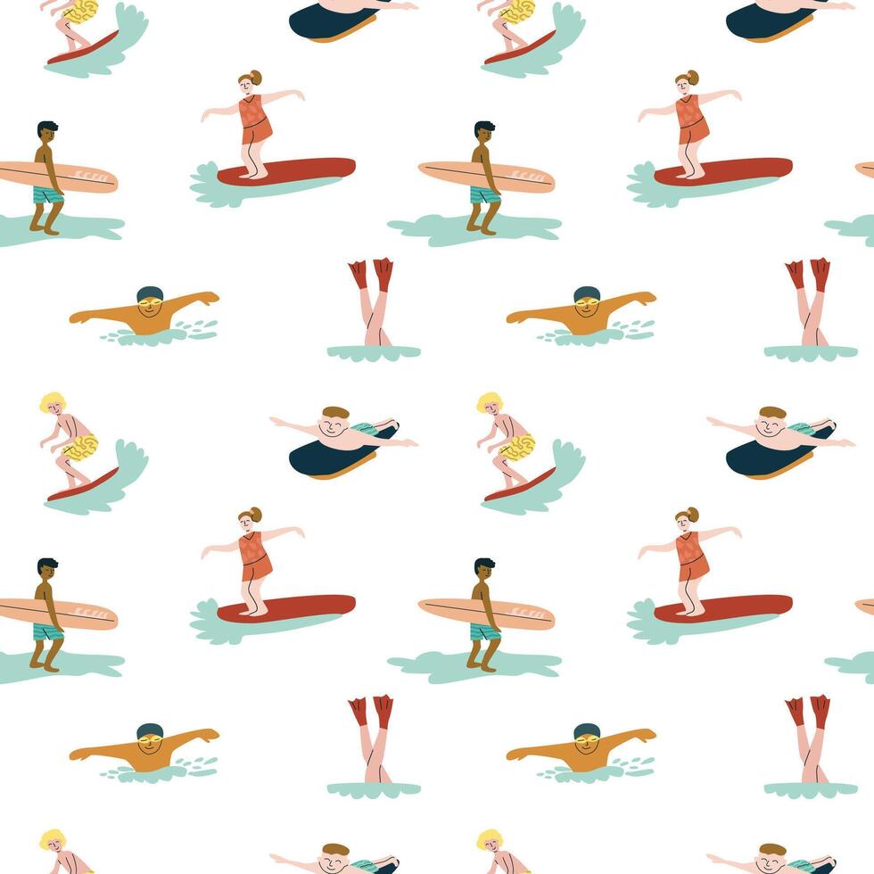 Colorful pattern of diverse surfers and swimmers on white background vector