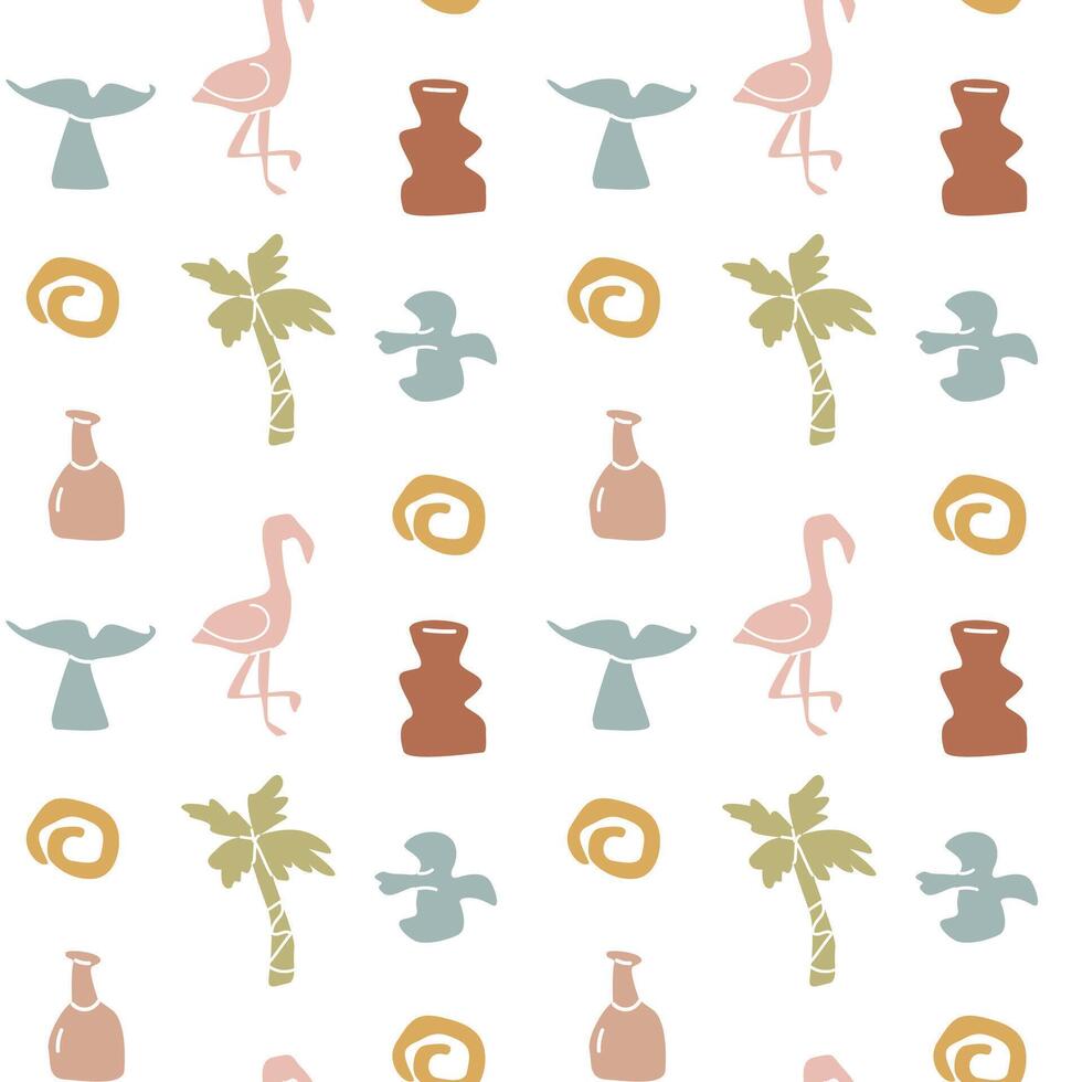 Boho summer elements pattern with flamingos, palms, and vases for creative design vector