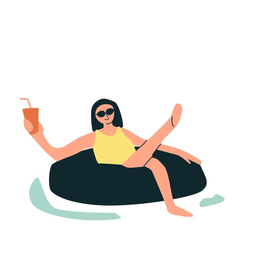 Female enjoying summer with drink on inflatable in pool cartoon illustration vector