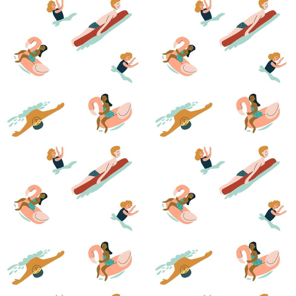 Illustrated pattern of diverse children swimming and playing with inflatable floats vector