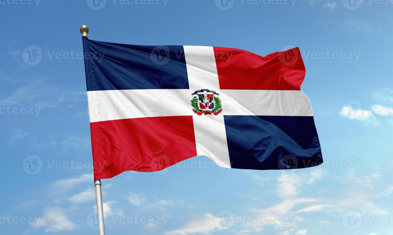 Dominican Republic national flag with central coat of arms waving photo