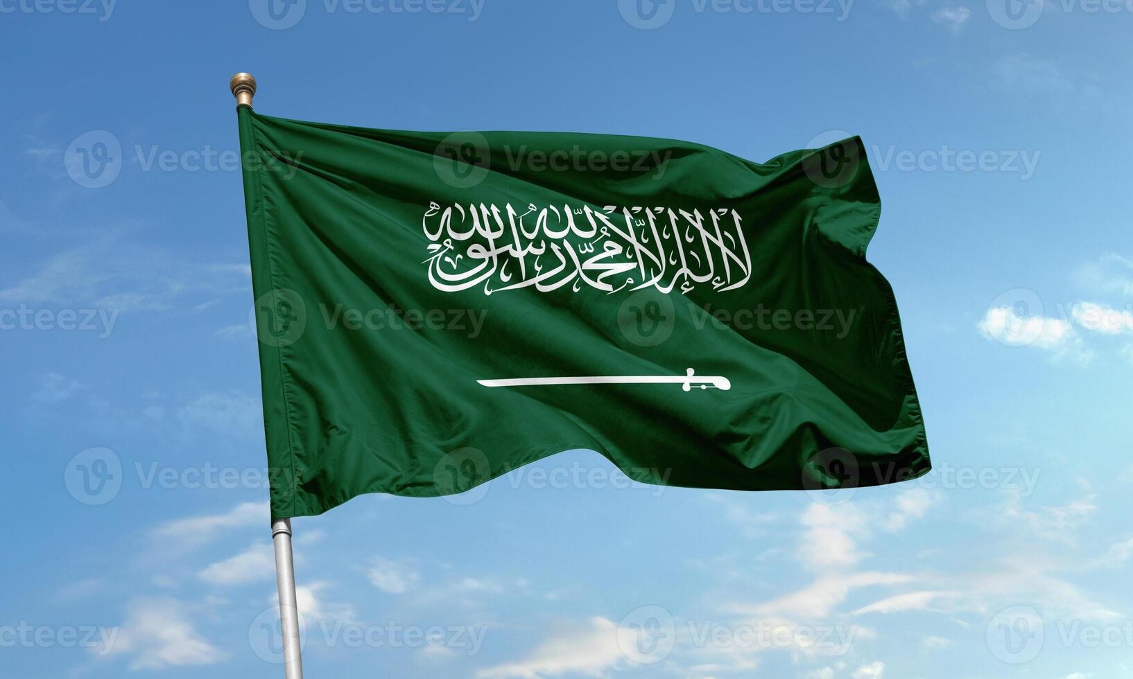 Saudi Arabia national flag waving in sky photo