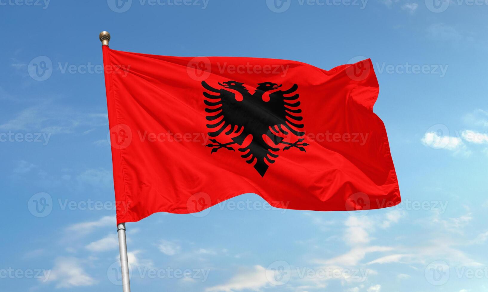 Albanian national flag waving in wind with black double-headed eagle on bright red background photo