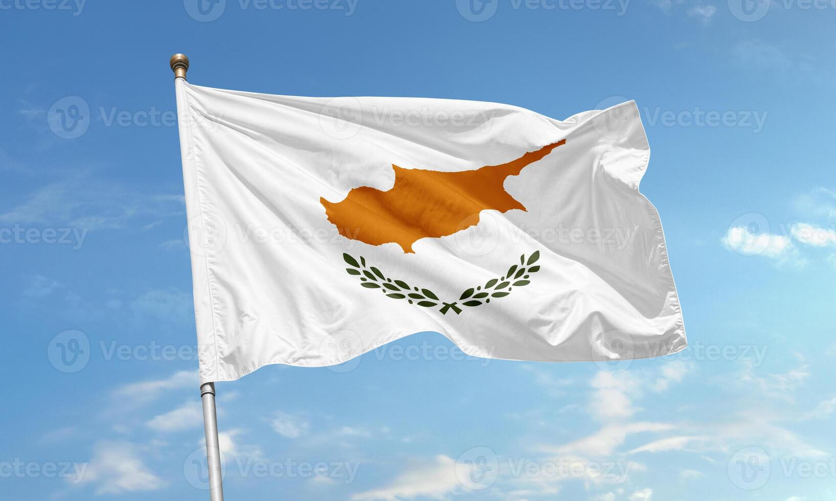 Cyprus national flag with island map and olive branches waving photo