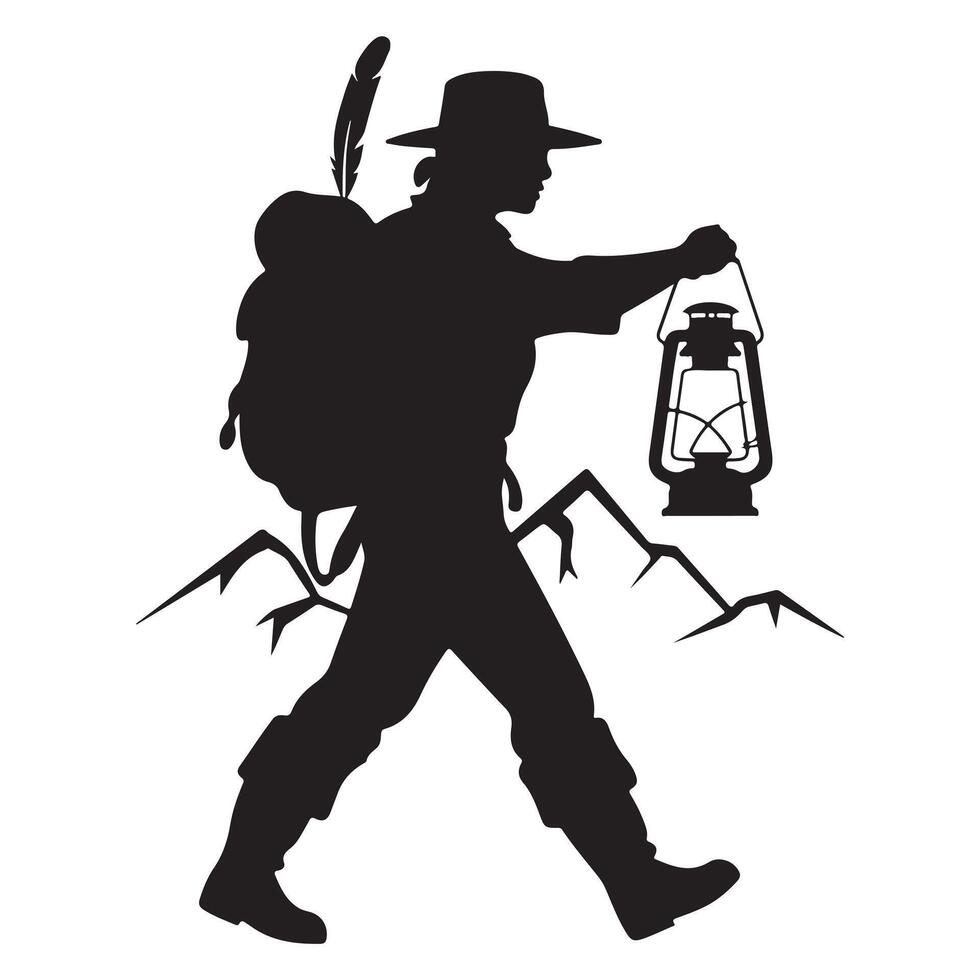 Wanderer Holding Lantern Silhouette Illustration Isolated vector
