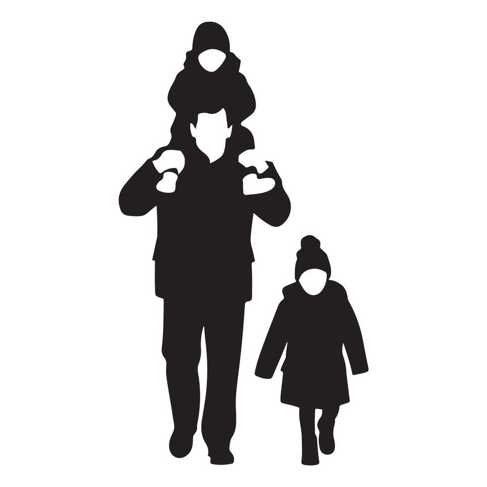 Father with Daughters Silhouette in Winter Coats on White Background vector