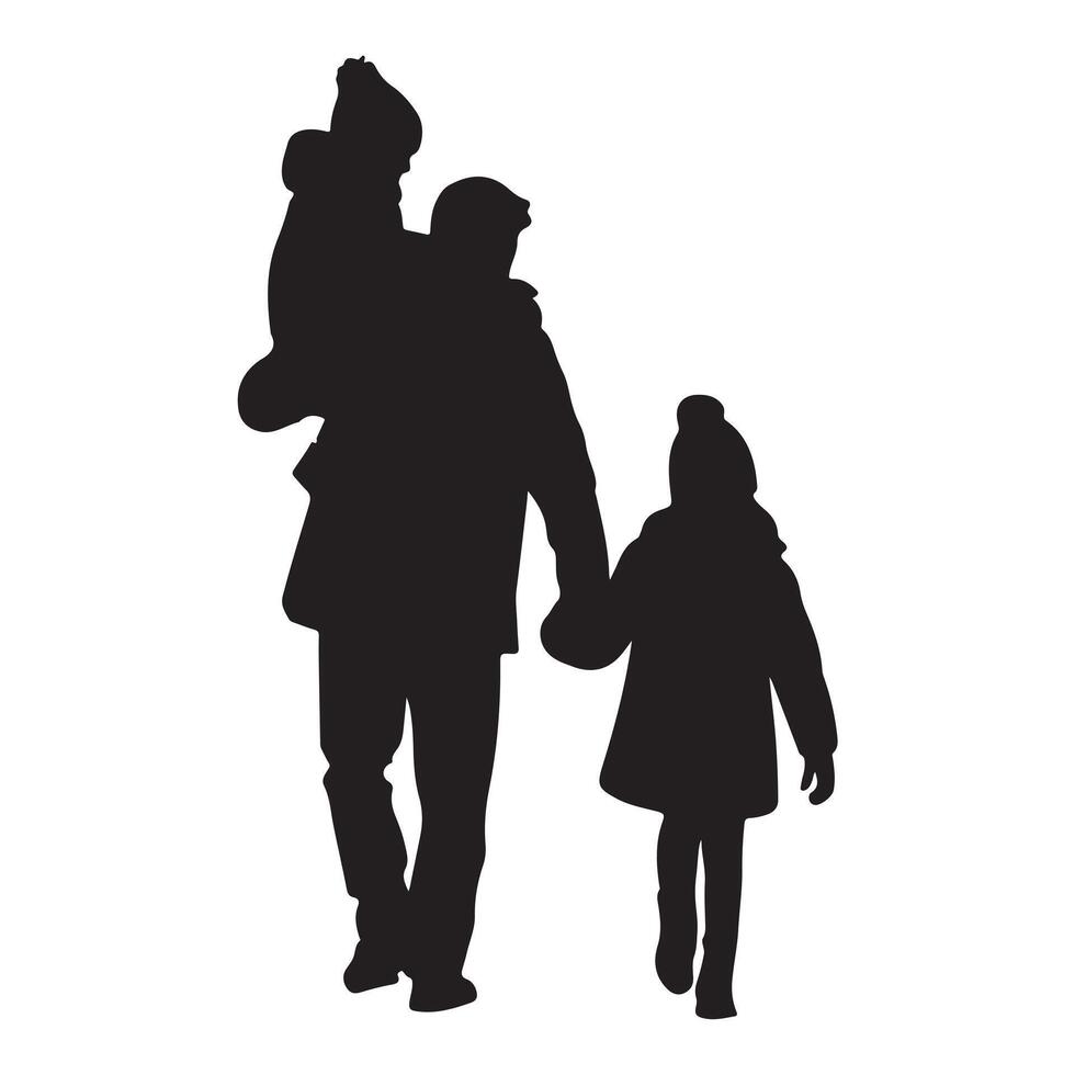 Father with Daughters black Silhouette in Winter Coats on White Background vector