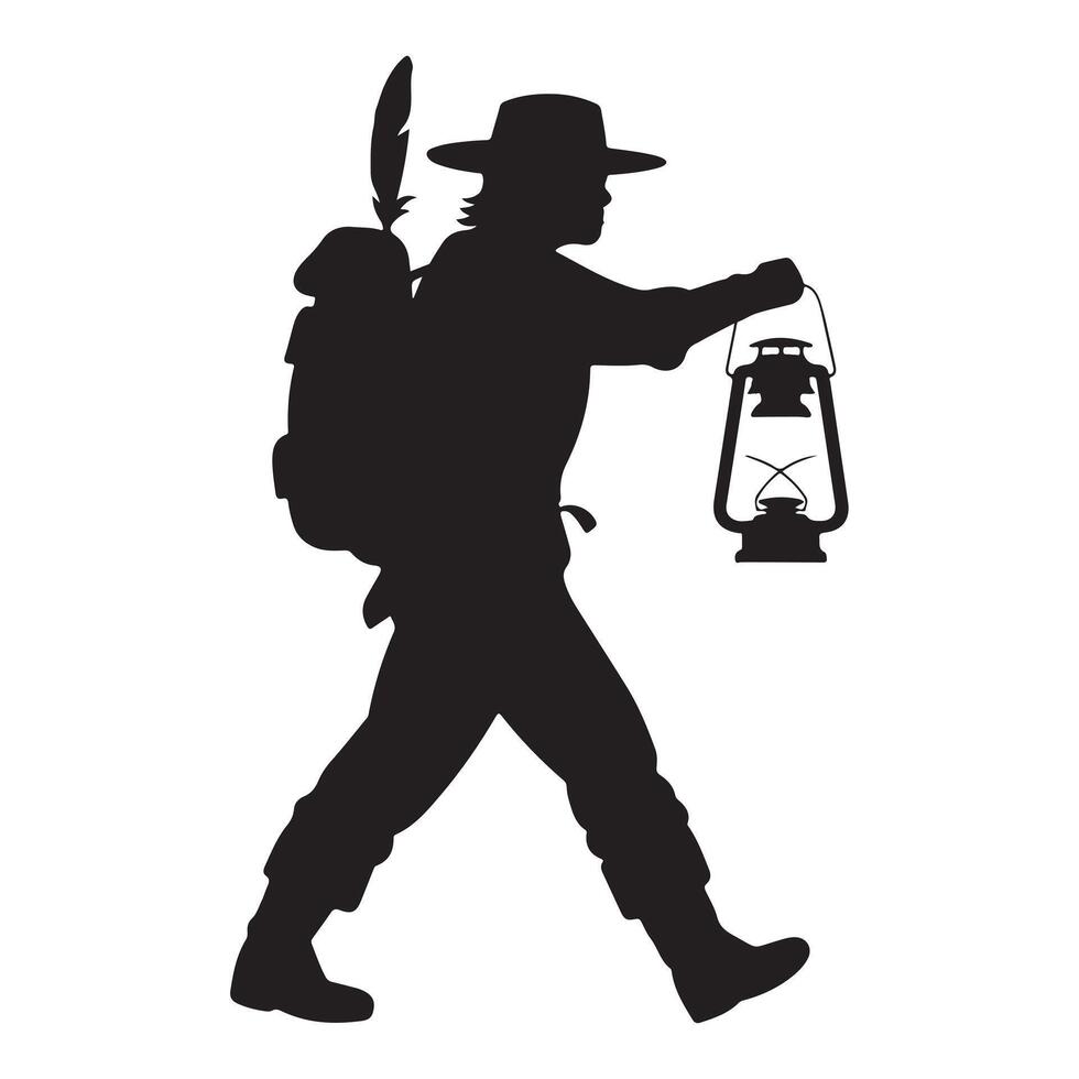 Adventurer Walking with Lantern Silhouette on White Background vector