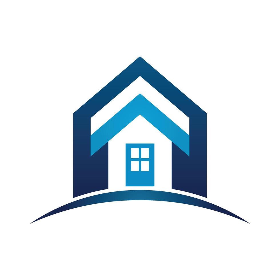 Stylish blue house logo with window, curved base, design, real estate icon, modern style, home symbol, minimalist graphic vector