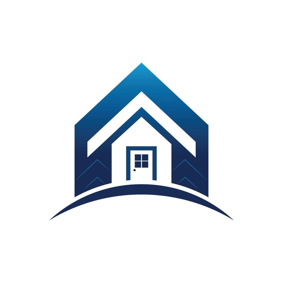 Modern blue house logo with curved base, graphic, real estate icon, minimalist design, home symbol, architectural style vector