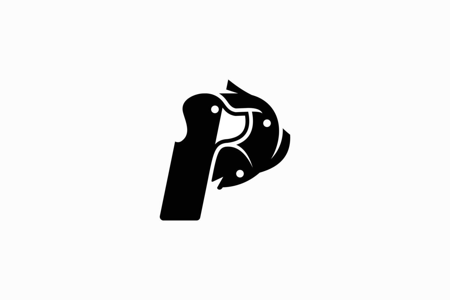 P letter logo design with two dog head icon symbol and fish icon symbol vector