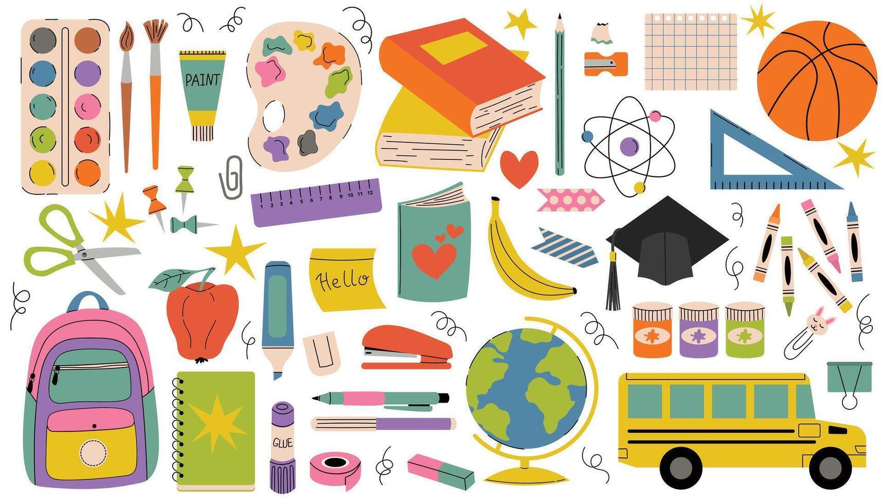 Playful cartoon style set of back to school elements featuring stationery, student hat, school bus, books, notes, and backpack. Bright and fun design perfect for educational themes. vector