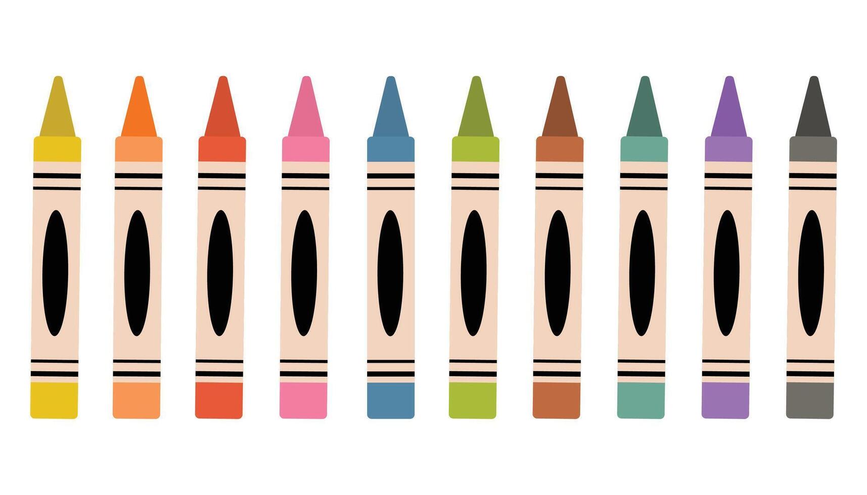 Set of colorful pastel crayons illustrated in flat cartoon style. Each crayon appears in a different vibrant shade, arranged clearly to showcase variety. Perfect for art, education, kids designs. vector