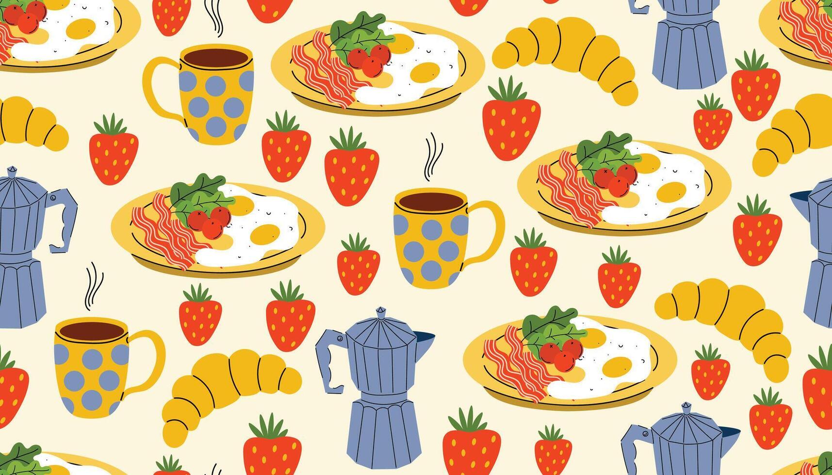 Seamless cartoon flat pattern with fried eggs and bacon, coffee maker and coffee cup, strawberries and croissants. Cozy breakfast design ideal for textiles, paper, menus, and kitchen-themed surfaces. vector