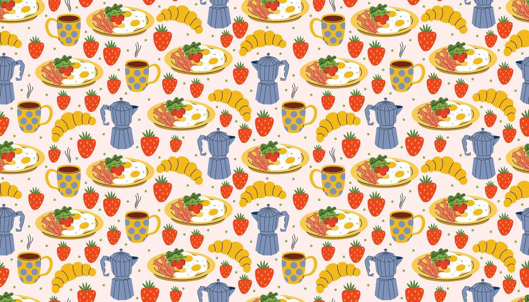 Fun seamless pattern in flat cartoon style featuring plates with eggs and bacon, coffee makers, strawberries, croissants, and hot coffee. Perfect for breakfast prints and cozy culinary decor. vector