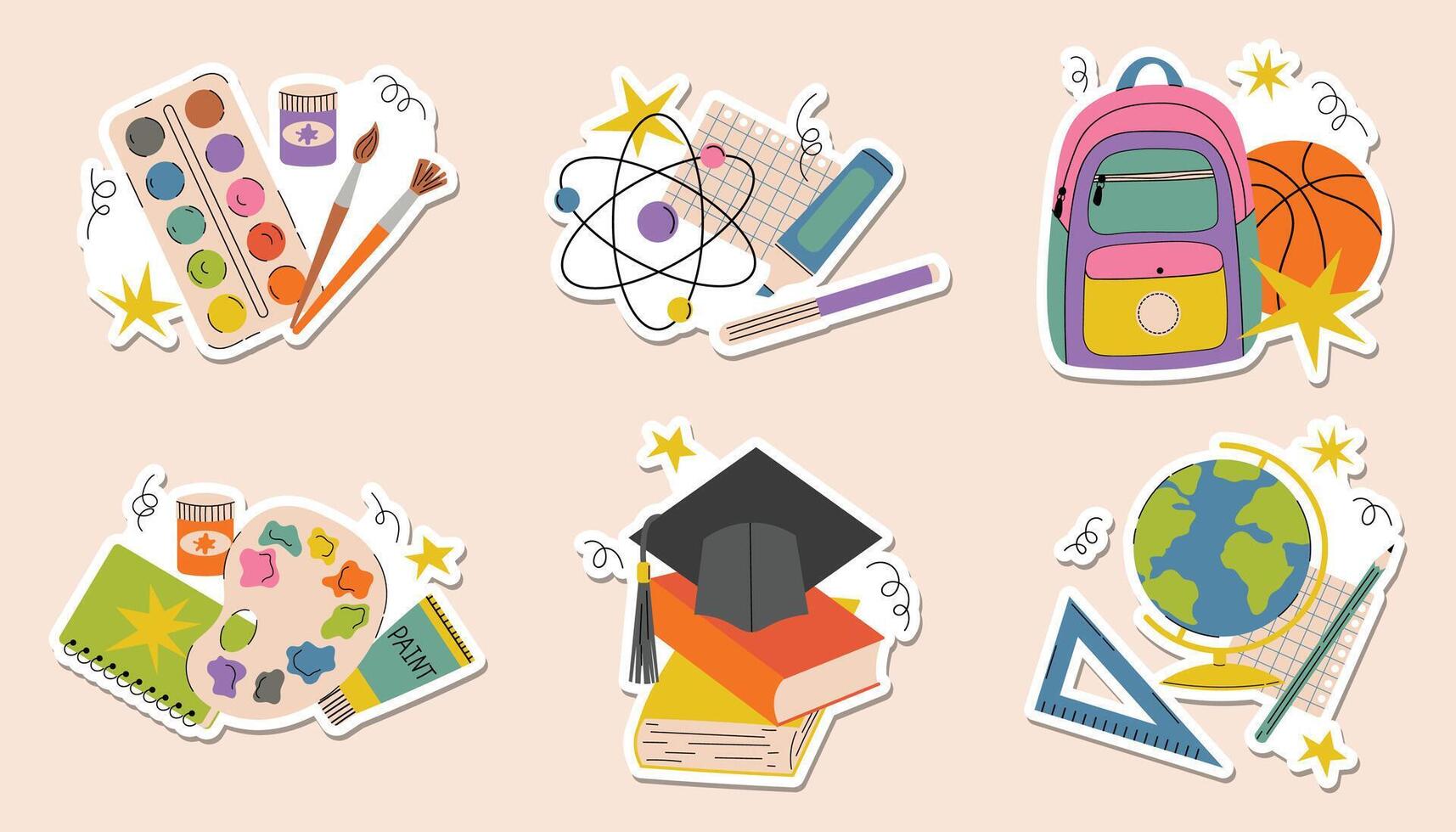 Colorful cartoon flat style sticker set for Back to School theme. Includes fun still life elements like books, backpack, ruler, globe, paints, and more. Perfect for kids and school projects. vector
