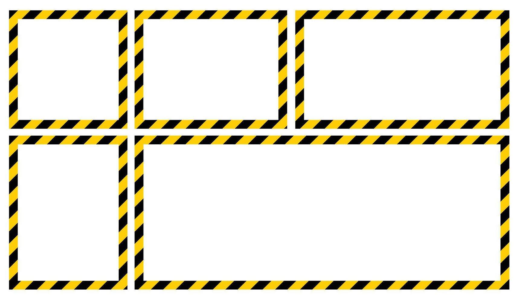 Set of warning police tape frames featuring bold yellow and black stripes. Classic flat design ideal for safety, crime scene, hazard, or construction themes in digital content. vector