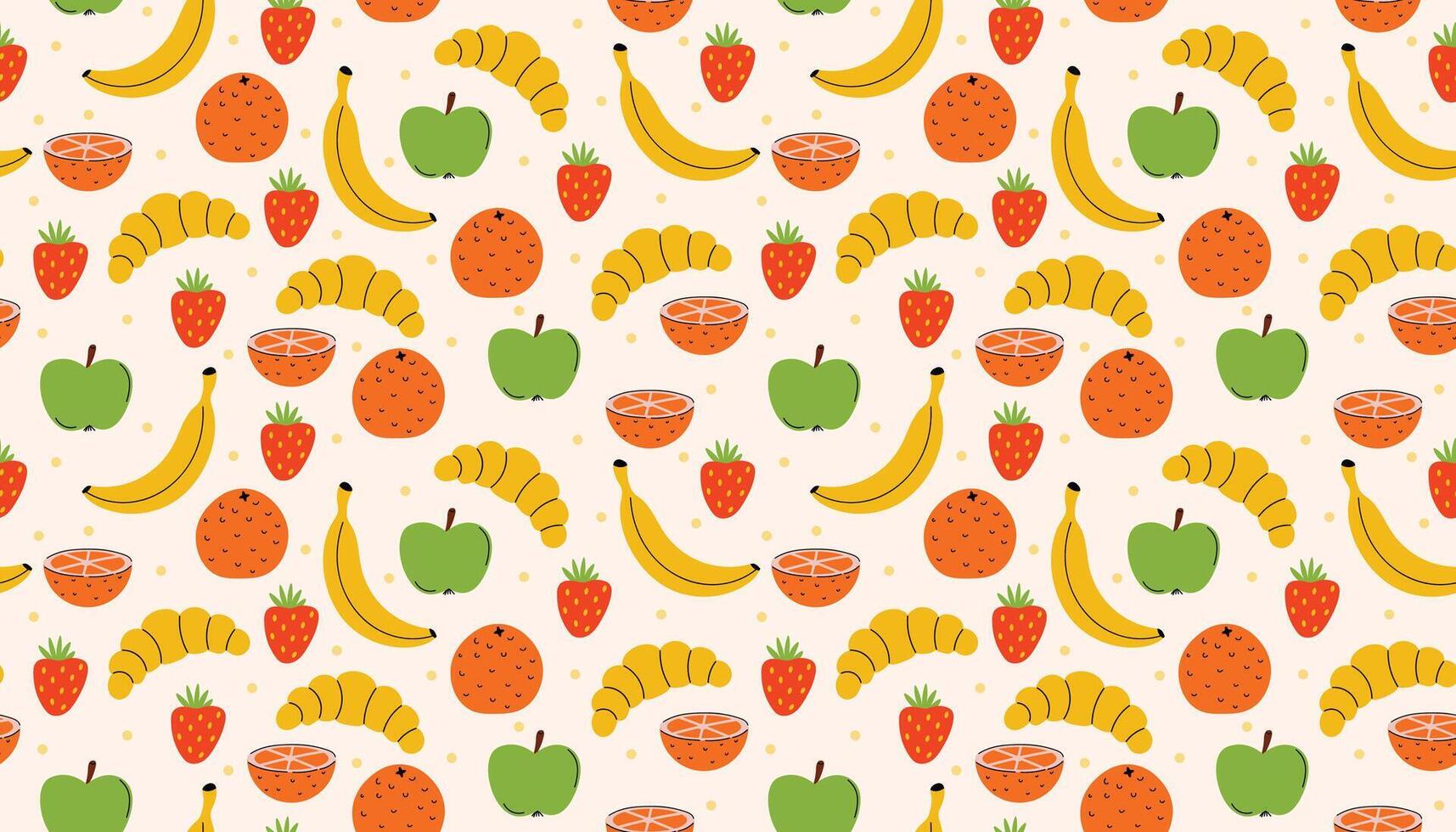 Bright seamless pattern in flat cartoon style featuring tasty apples, juicy strawberries, sweet oranges, and croissants. Great for kids prints, food packaging, or cheerful surface decoration. vector