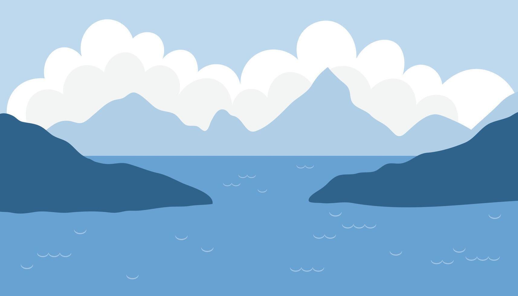 Scenic landscape of a tranquil sea bay surrounded by majestic mountains. Calm blue waters meet rugged peaks under a soft sky, capturing the peaceful beauty of coastal nature. vector