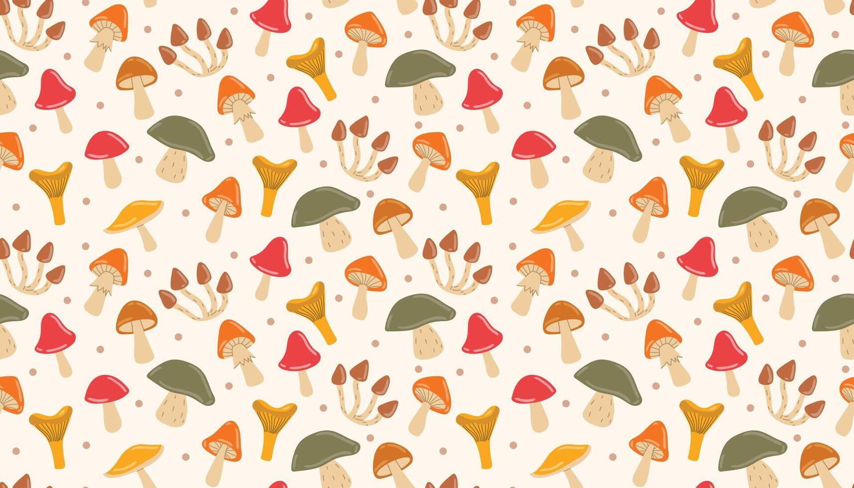 Flat-style autumn mushrooms arranged in a seamless repeat with tiny scattered dots. Great for wrapping paper, children's designs, or rustic fall-themed products. vector
