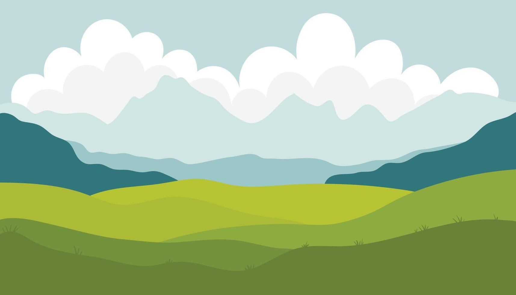 Peaceful hills landscape with gentle slopes, soft curves, and natural colors. A calm and open scene showcasing layered green hills under a wide sky, perfect for nature, travel, or background themes. vector