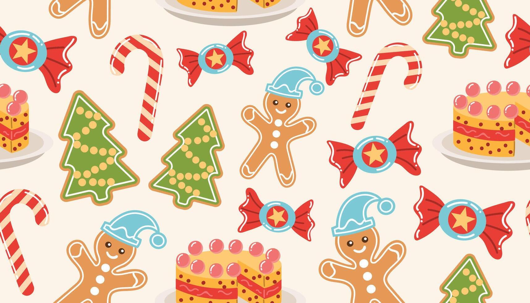 Festive seamless pattern featuring Christmas treats like cakes, gingerbread, candies, and candy canes in flat style. Perfect for holiday packaging, textiles, and wrapping paper. vector