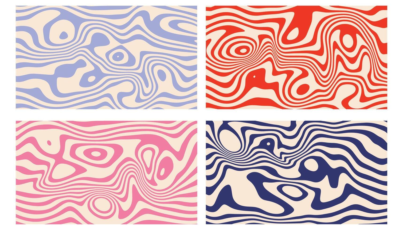 Set of four abstract backgrounds featuring wavy, fluid, organic striped textures. Smooth flowing lines create a modern, dynamic look. Ideal for posters, digital art, packaging, or branding visuals. vector