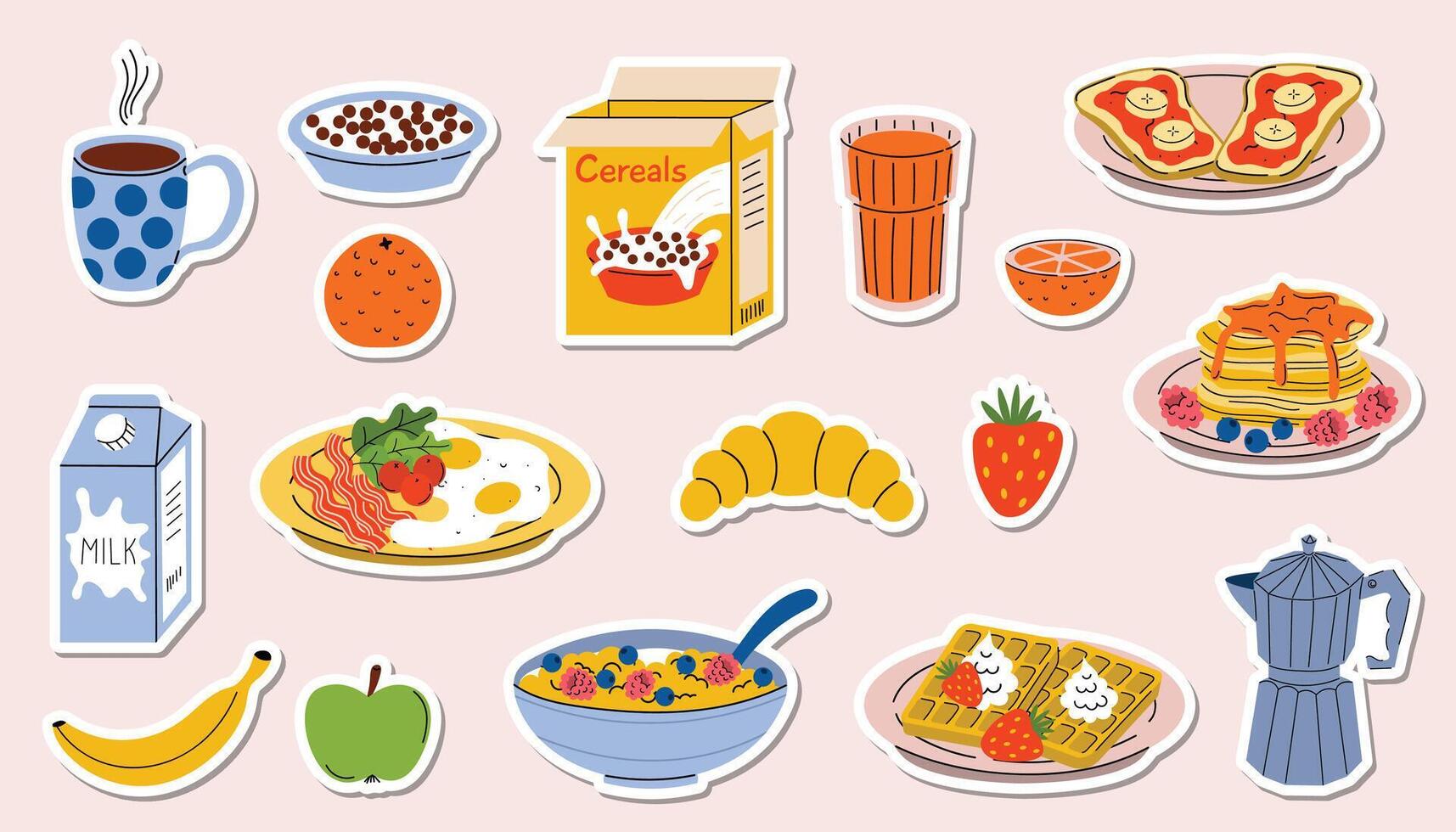 Set of stickers with Breakfast. Fried eggs with bacon, cereals, fruits and coffee, pancakes and orange juice in cartoon flat style. Morning meal collection of labels. vector