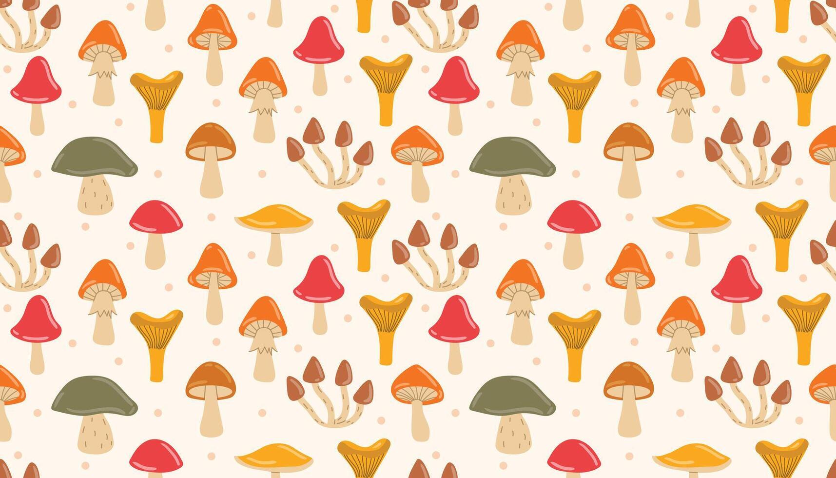 Hand-drawn seamless pattern with fall mushrooms and soft dotted accents. Cozy woodland mood for use in stationery, crafts, and seasonal surface design. vector