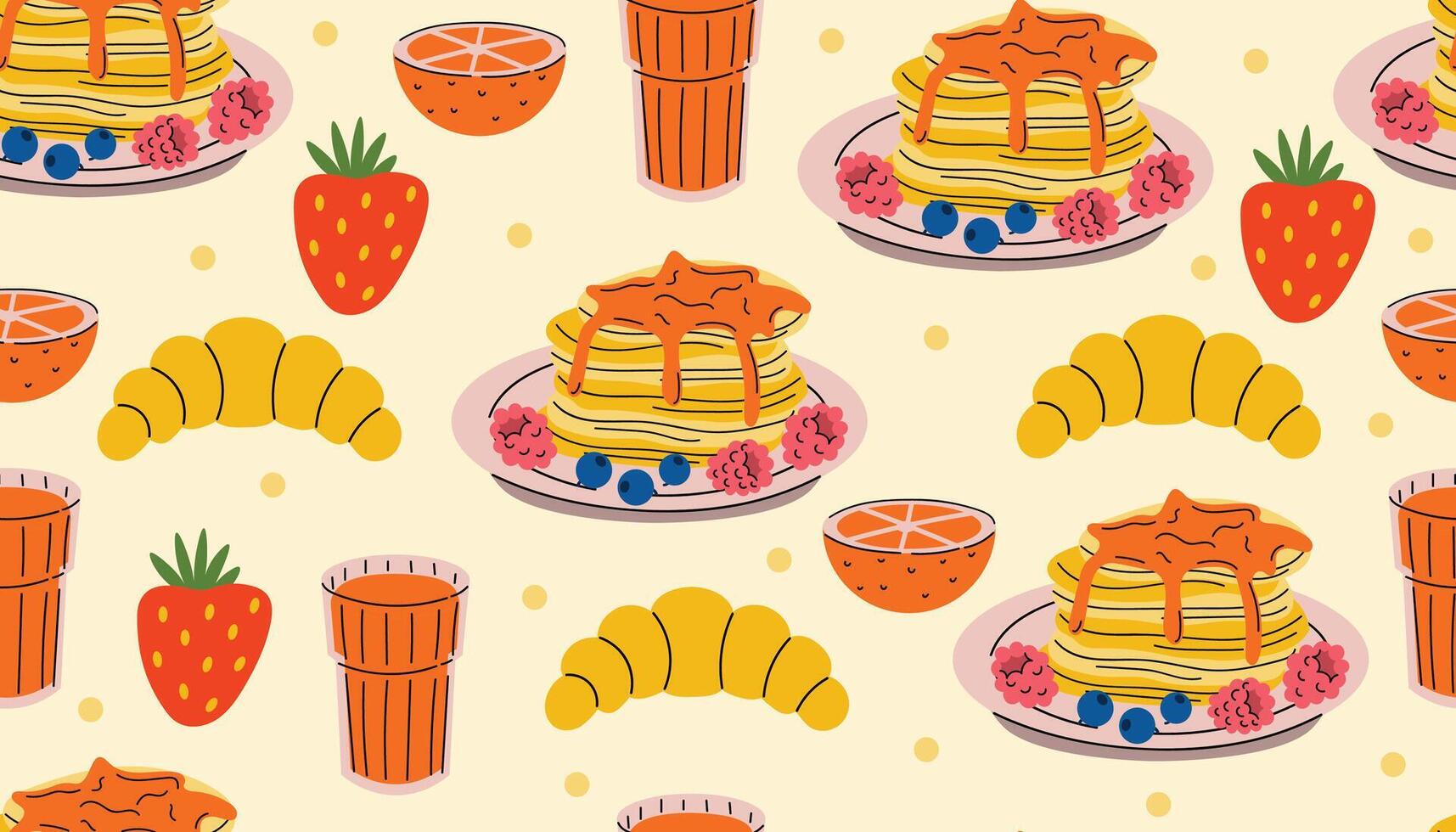 Playful seamless pattern with cartoon breakfast elements including pancakes, juice, strawberries, and croissants. Bright and appetizing design ideal for textiles, wrapping paper, or cafe branding. vector