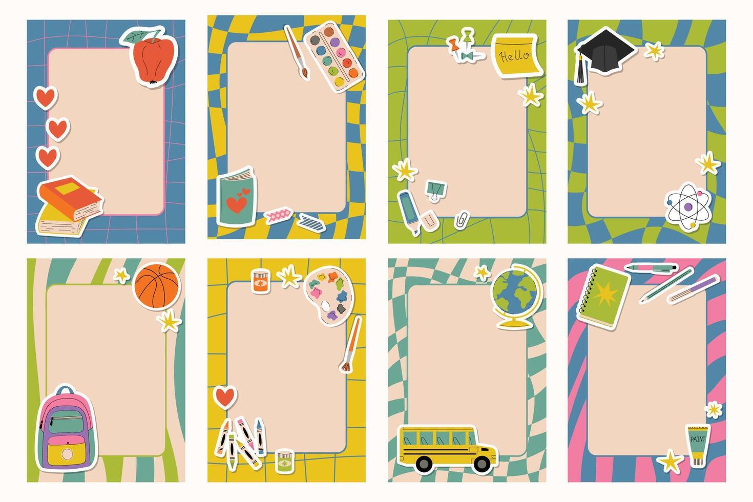 Vibrant set of cartoon posters with groovy checkered and striped textures, decorated with fun sticker-style elements for a Back to School theme. Perfect for classroom decor and learning inspiration. vector
