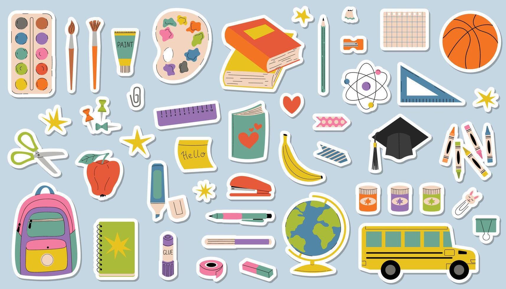 Fun and colorful set of cartoon stickers for Back to School theme. Includes stationery, student hat, school bus, books, note, and backpack. Flat style design. vector