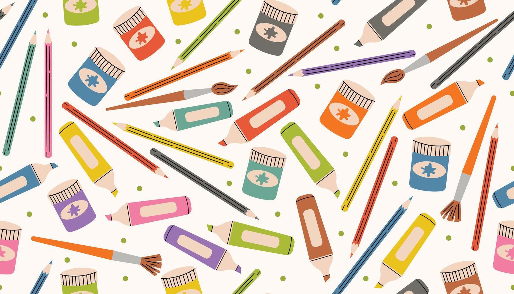 Seamless pattern with colorful art supplies like pencils, paints, and markers in fun cartoon flat style. Perfect for school designs, kids projects, creative backgrounds, and stationery themes. vector