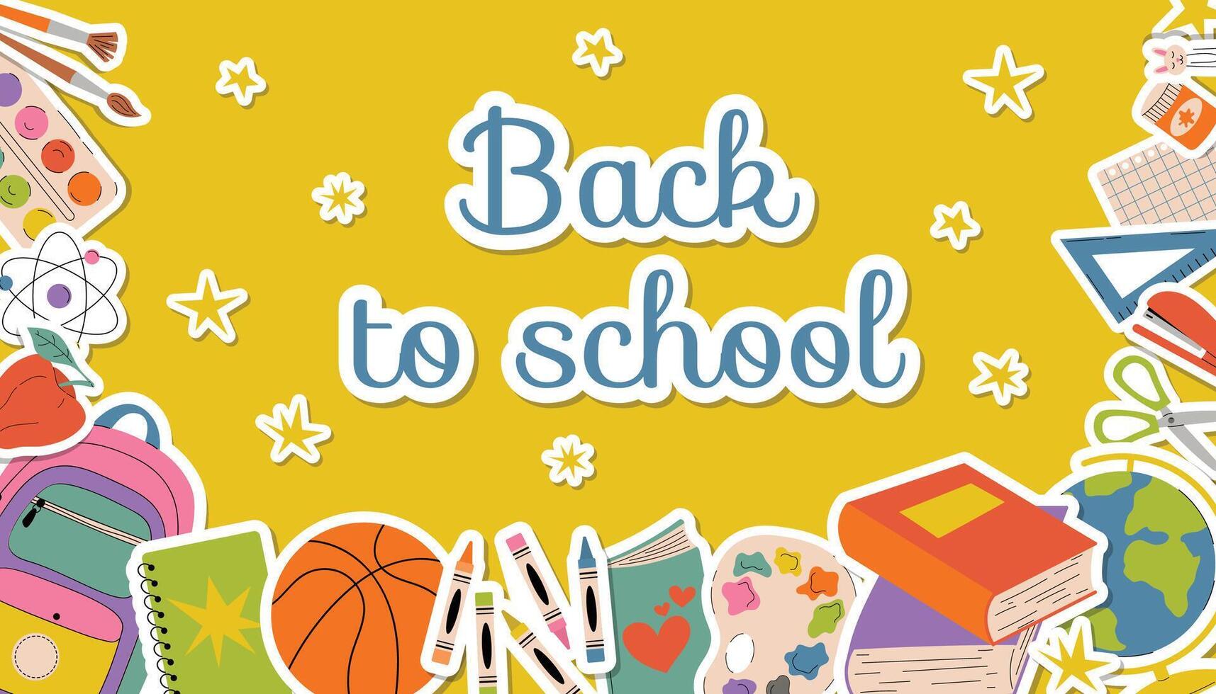 Horizontal cartoon flat style poster for September 1st Back to School celebration with stickers. Yellow background with school and art supplies like books, paint, globe and backpack. vector
