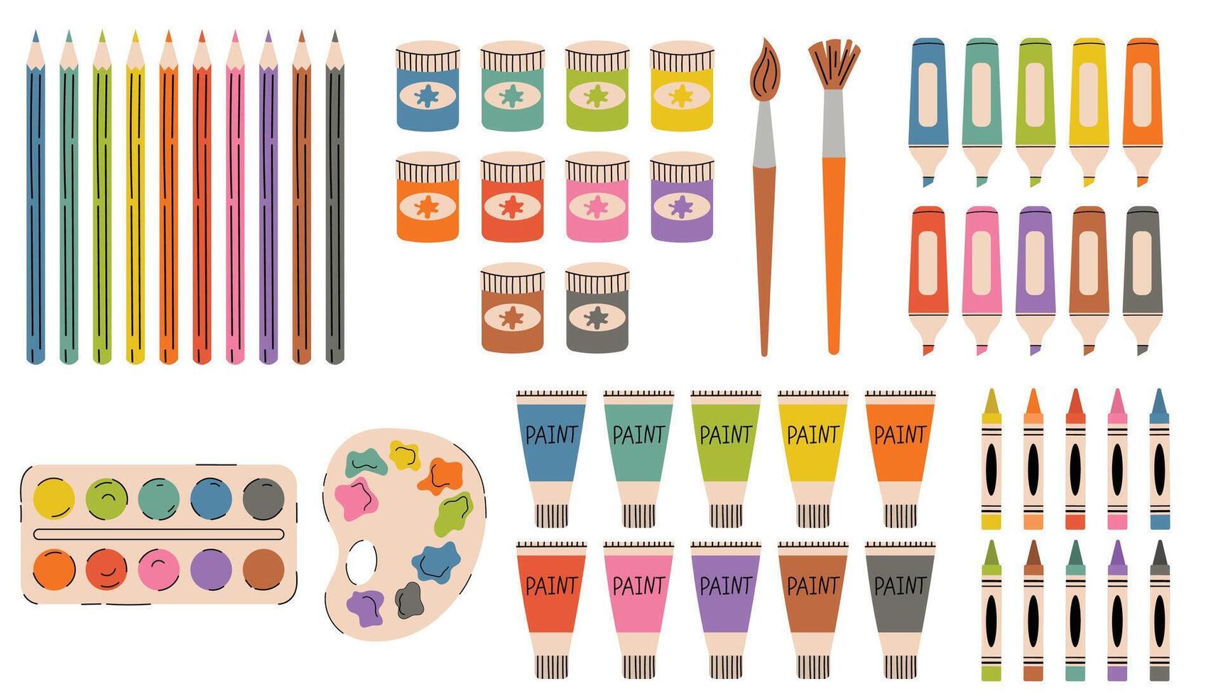Cartoon flat style collection of colorful art supplies including pencils, markers, crayons, and watercolor paints in ten vivid color variations. Fun and creative set perfect for school themes. vector