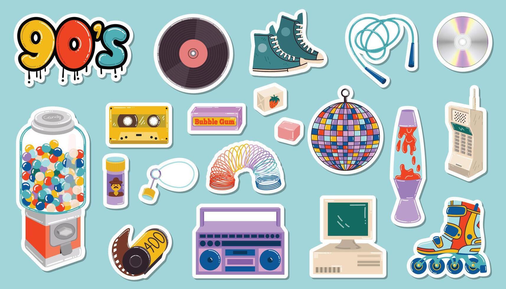 Sticker set with retro 90s vibe featuring colorful cartoon toys, candies, and gadgets in flat style. Fun nostalgic collection perfect for kids, teens, scrapbooking, or playful design projects. vector