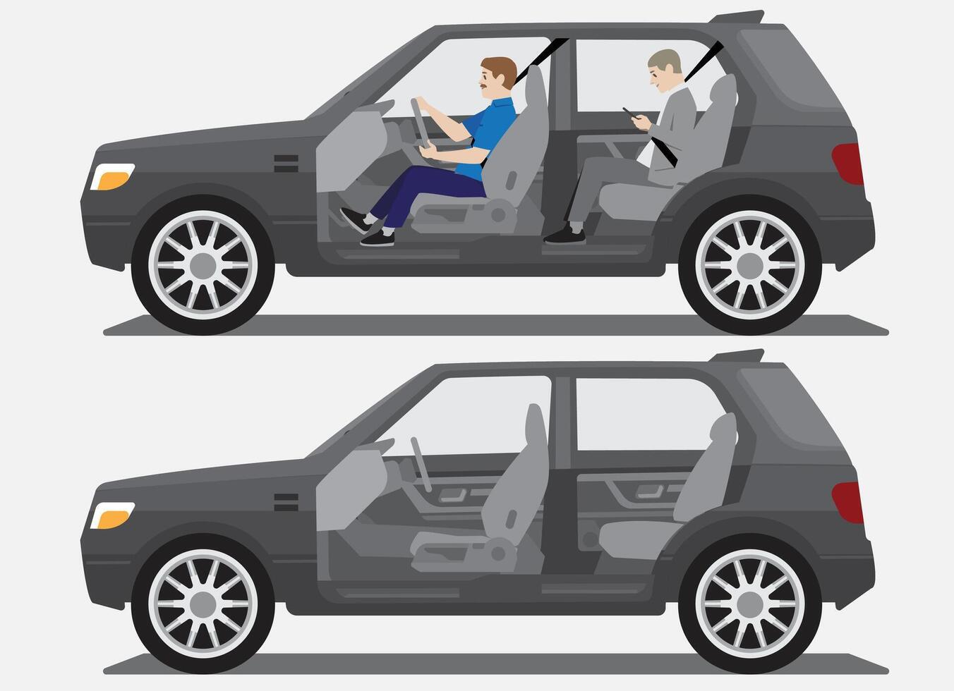 suv car cutaway side open view with driver and passenger and empty inside vector