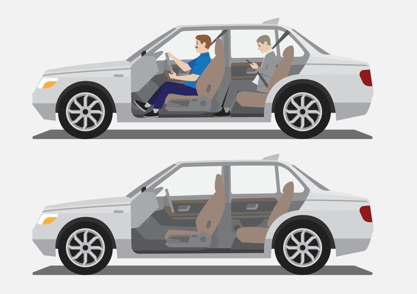 sedan car cutaway side open view with driver and passenger and empty inside vector