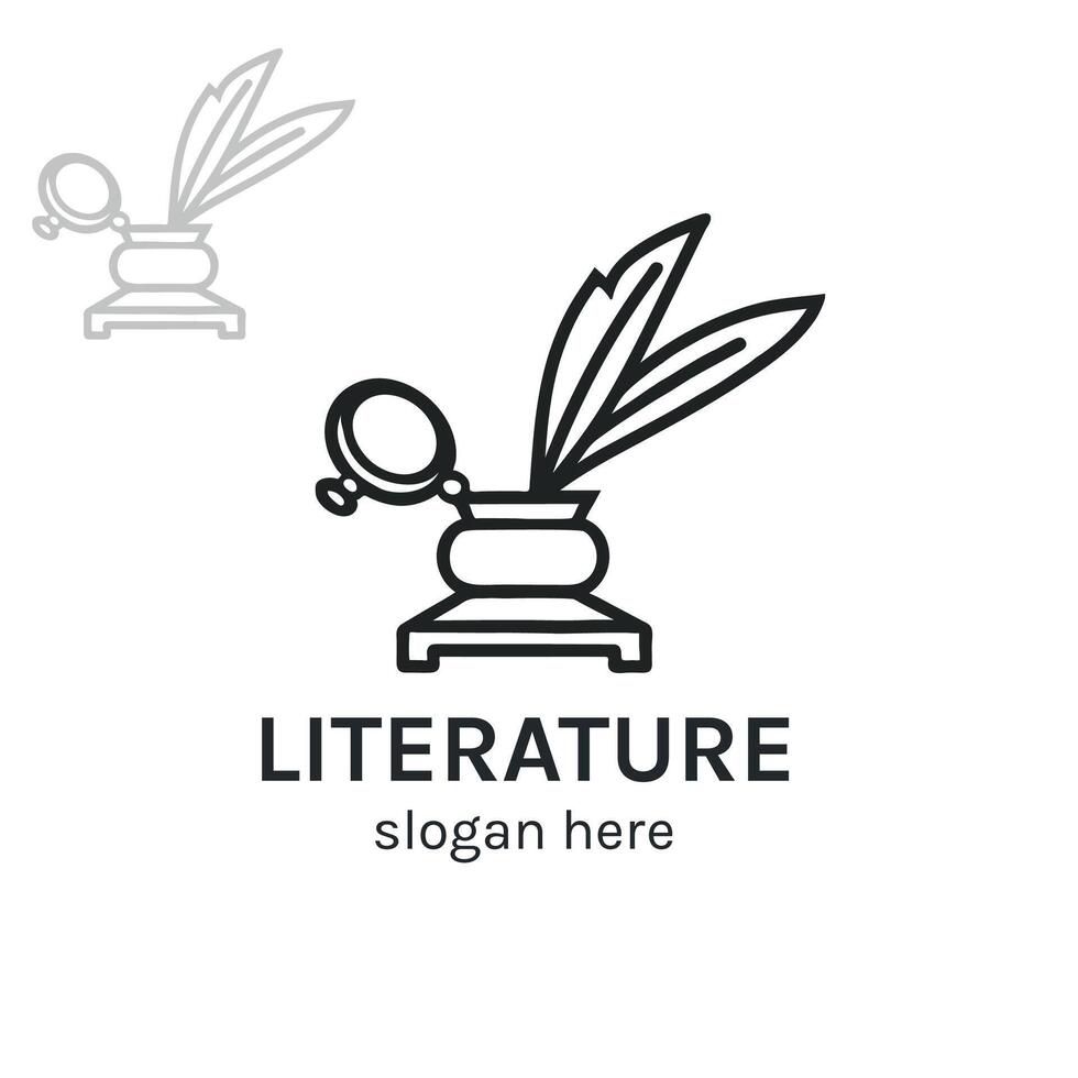 Feather with ink symbol. Outline logo for literature, calligraphy, education, handwriting, classic writing pen. vector