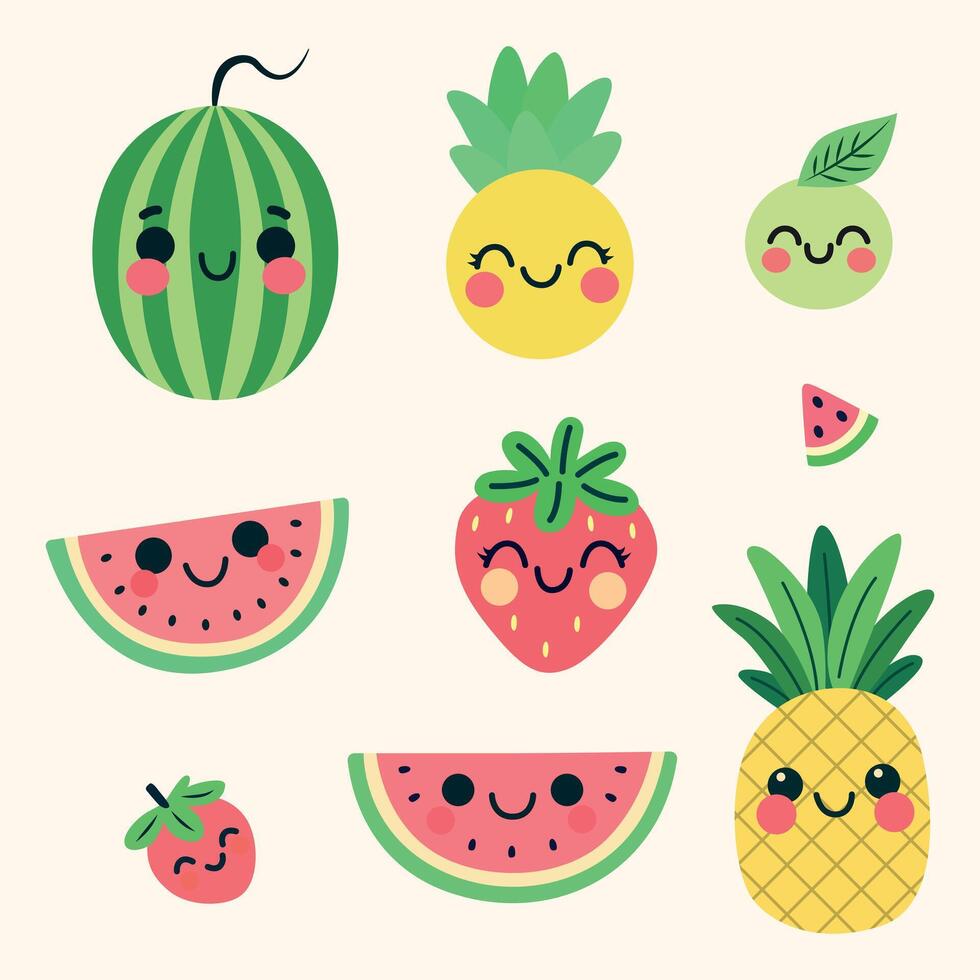 Adorable summer fruit set in kawaii style with smiling faces. Includes watermelon, pineapple, strawberries, and more in bright, cheerful colors. vector