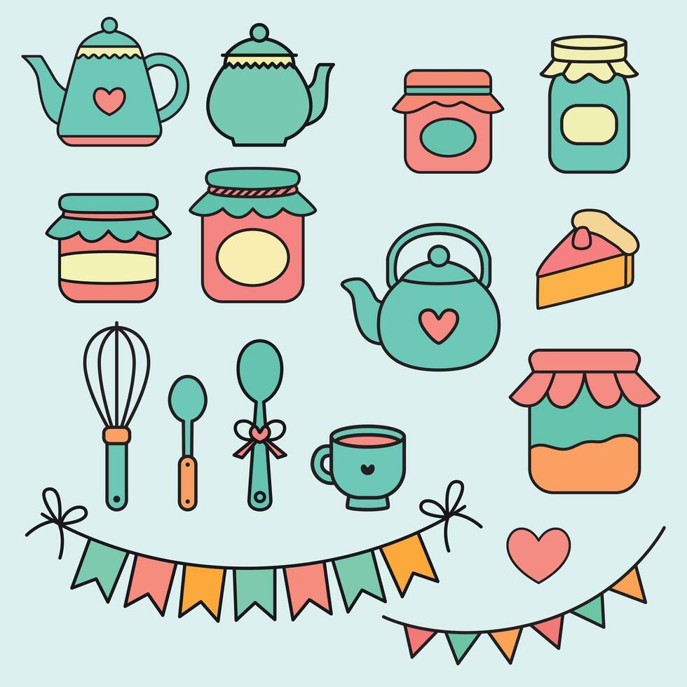 Pastel kitchen illustration set featuring cozy cooking items like mugs, jars, utensils, and ingredients. Perfect for home, baking, and food-themed designs. vector