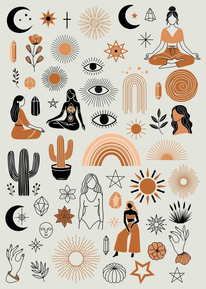 Mystical boho-style illustrations featuring women, sun, moon, crystals, rainbows, plants, stars, and spiritual elements in a minimal modern aesthetic. vector