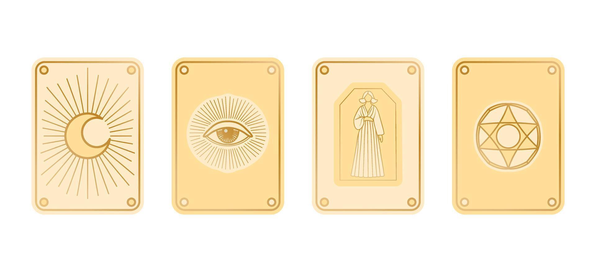 Mystic icon set with crescent moon, all-seeing eye, woman in dress, and sacred geometry. Perfect for tarot, astrology, spirituality, or holistic branding. vector